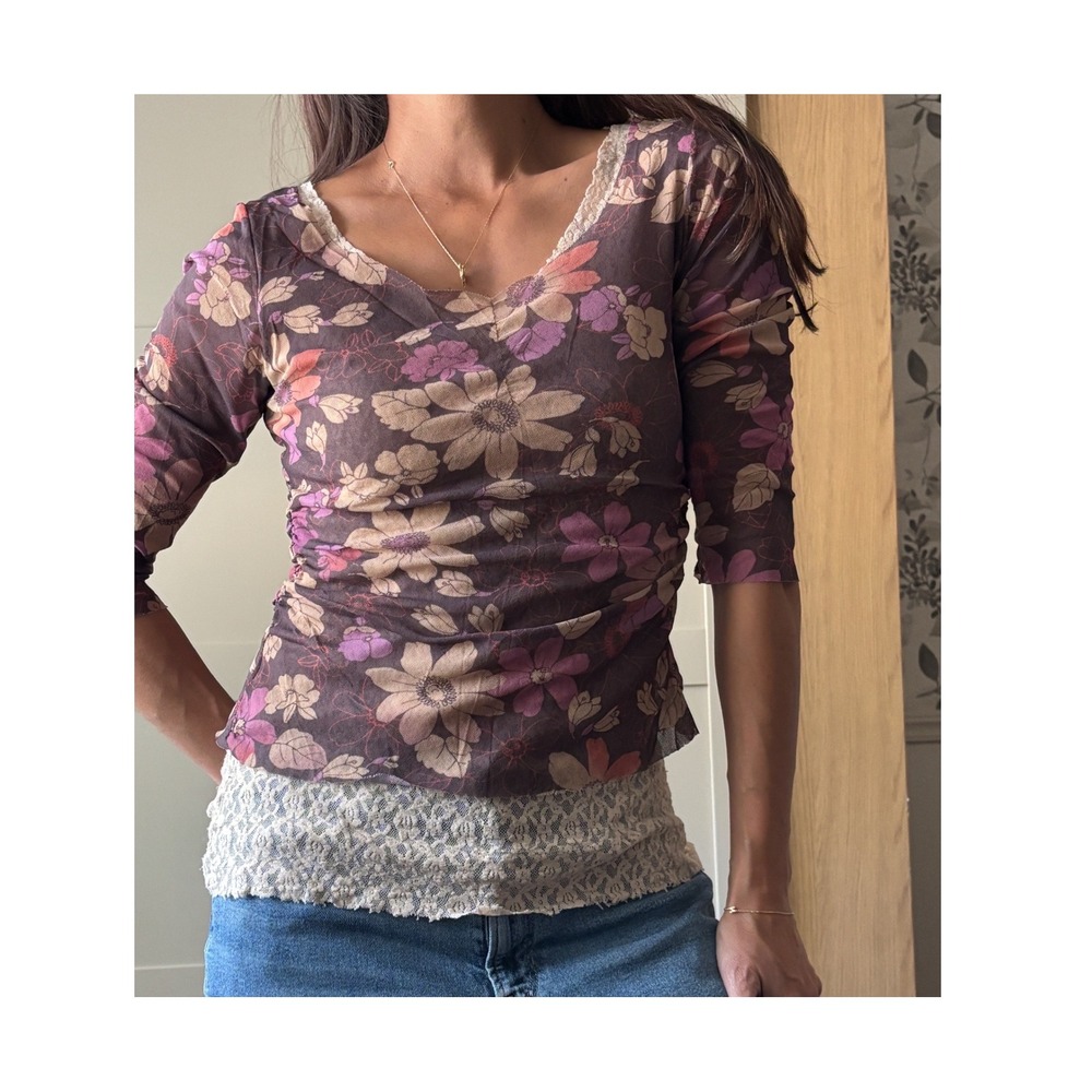 Sweet Pea Floral Mesh Ruched Top Lace Trim 3/4 Sleeve Y2K Boho Fairy Large